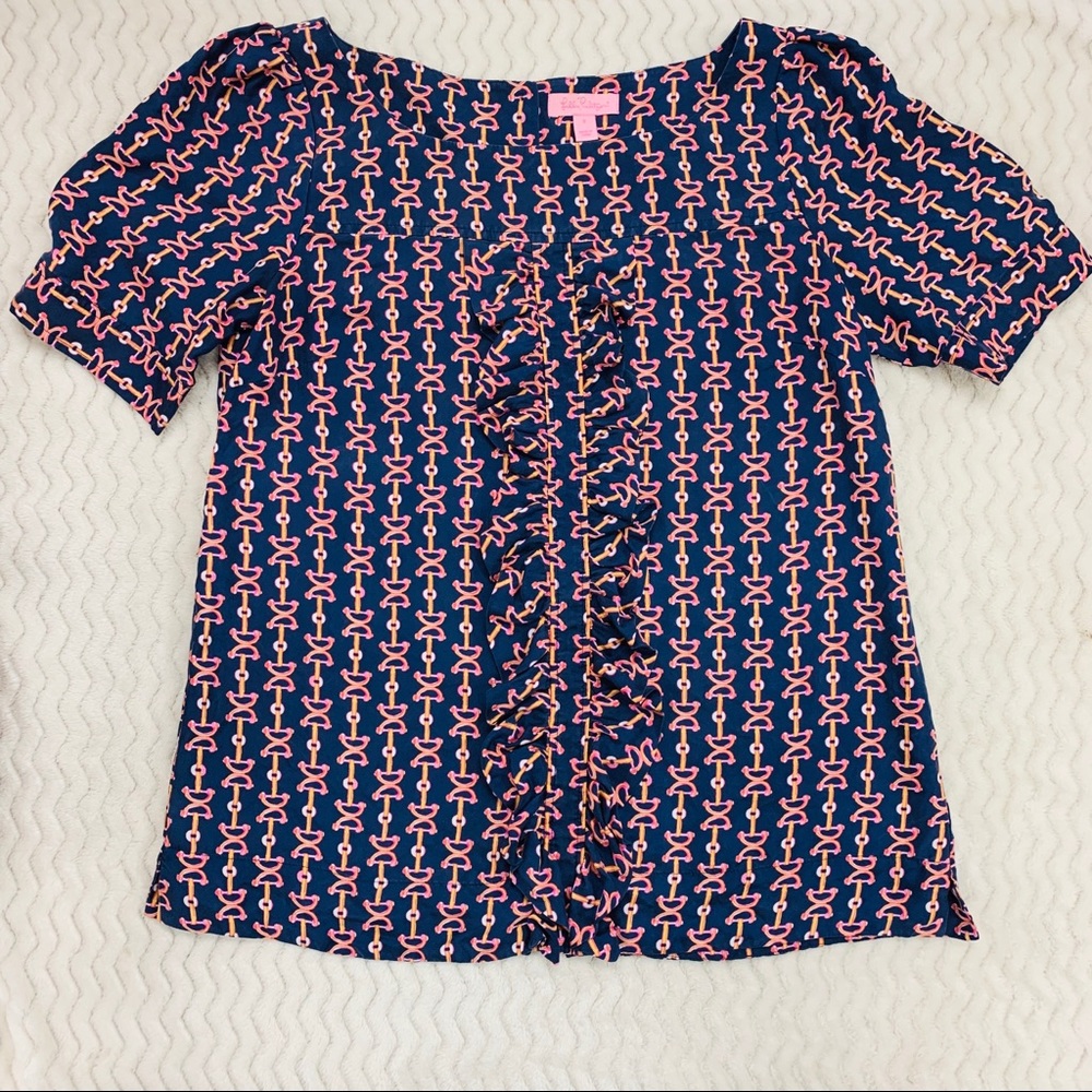 Lilly Pulitzer Silk Navy Ruffle Top Size 2
